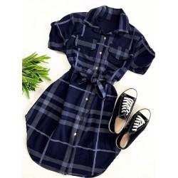 Rochie ieftina casual scurta stil camasa bleumarin si cordon in talie cu imprimeu dungi
