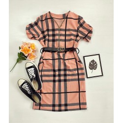 Rochie casual tip camasa roz scurta stramta in dungi + curea CADOU