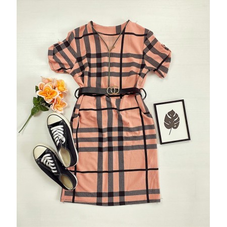 Rochie casual tip camasa roz scurta stramta in dungi + curea CADOU