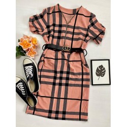 Rochie casual tip camasa roz scurta stramta in dungi + curea CADOU