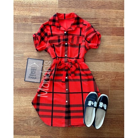 Rochie ieftina casual scurta stil camasa rosie si cordon in talie cu imprimeu dungi
