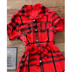 Rochie ieftina casual scurta stil camasa rosie si cordon in talie cu imprimeu dungi