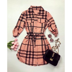 Rochie ieftina casual stil camasa lunga roz cu dungi si cordon in talie