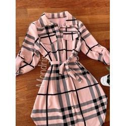 Rochie ieftina casual stil camasa lunga roz cu dungi si cordon in talie