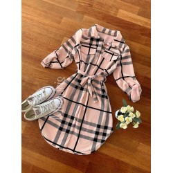 Rochie ieftina casual stil camasa lunga roz cu dungi si cordon in talie
