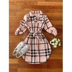 Rochie ieftina casual stil camasa lunga roz cu dungi si cordon in talie