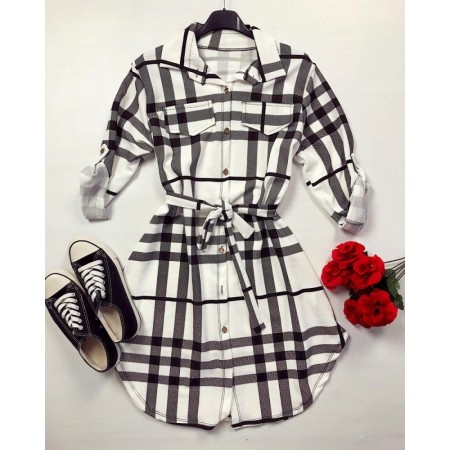 Rochie ieftina casual stil camasa lunga alba cu dungi si cordon in talie