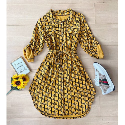 Rochie dama ieftina casual galbena tip camasa cu imprimeu Litere