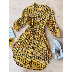 Rochie dama ieftina casual galbena tip camasa cu imprimeu Litere