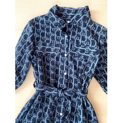 Rochie dama ieftina casual bleumarin tip camasa cu imprimeu Litere