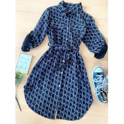 Rochie dama ieftina casual bleumarin tip camasa cu imprimeu Litere