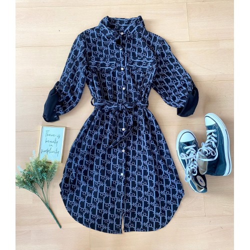Rochie dama ieftina casual bleumarin tip camasa cu imprimeu Litere