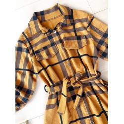Rochie ieftina casual stil camasa lunga galbena cu dungi si cordon in talie