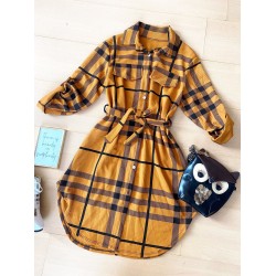 Rochie ieftina casual stil camasa lunga galbena cu dungi si cordon in talie