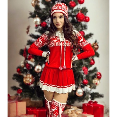 Compleu dama tricot Minunat alcatuit din rochie rosie, jambiere si caciula rosie  - SIRET