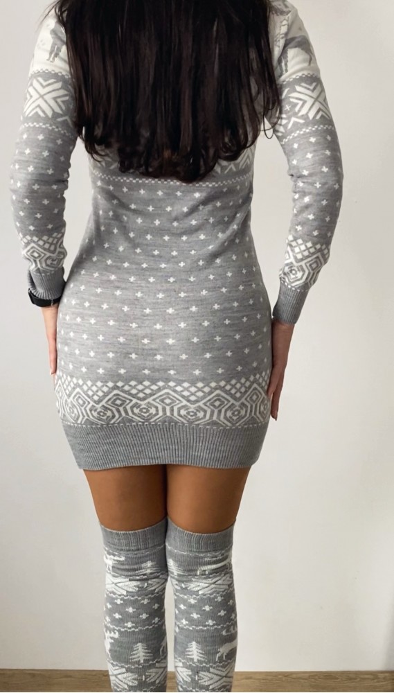 Compleu dama ieftin din tricot gri minunat compus din rochie, caciula,fular si jambiere Craciun FULAR