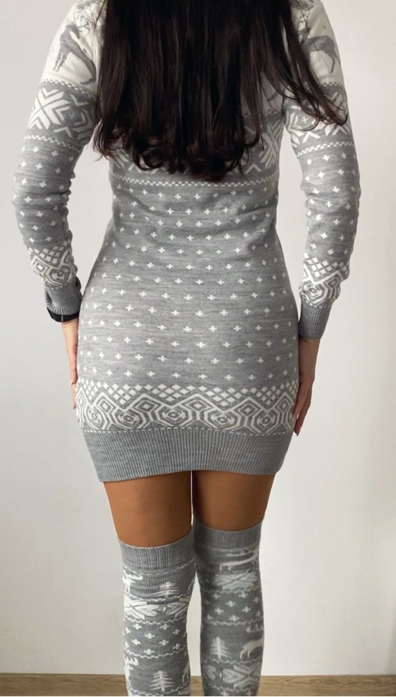 Compleu dama ieftin din tricot gri minunat compus din rochie, caciula,fular si jambiere Craciun FULAR