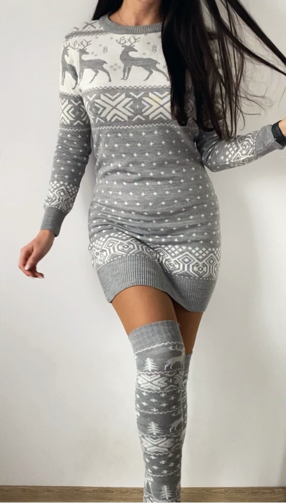 Compleu dama ieftin din tricot gri minunat compus din rochie, caciula,fular si jambiere Craciun FULAR