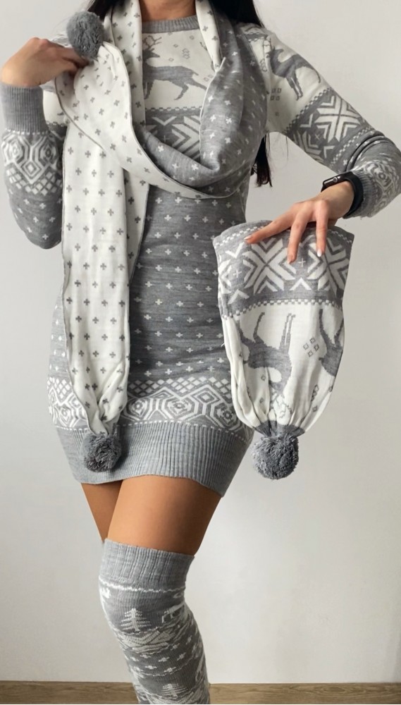 Compleu dama ieftin din tricot gri minunat compus din rochie, caciula,fular si jambiere Craciun FULAR