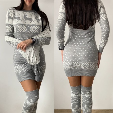 Compleu dama ieftin din tricot gri minunat compus din rochie, caciula,fular si jambiere Craciun FULAR