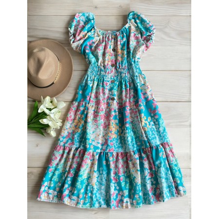 Rochie midi de vara lejera cu imprimeu floral de culoare albastra 