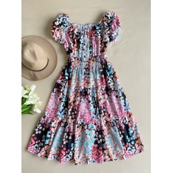 Rochie midi de vara lejera cu imprimeu floral de culoare neagra