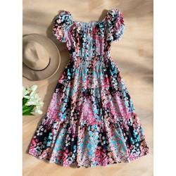 Rochie midi de vara lejera cu imprimeu floral de culoare neagra