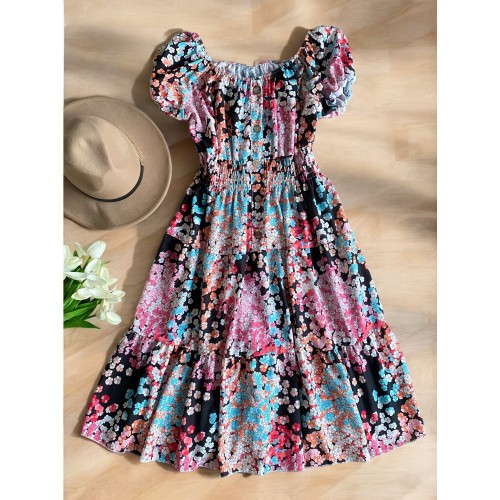 Rochie midi de vara lejera cu imprimeu floral de culoare neagra
