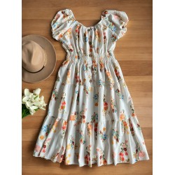 Rochie midi de vara lejera cu imprimeu floral de culoare alba