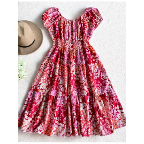 Rochie midi de vara lejera cu imprimeu floral de culoare rosie