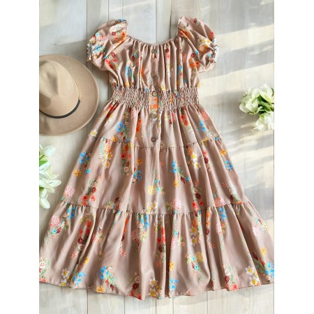 Rochie midi de vara lejera cu imprimeu floral de culoare crem