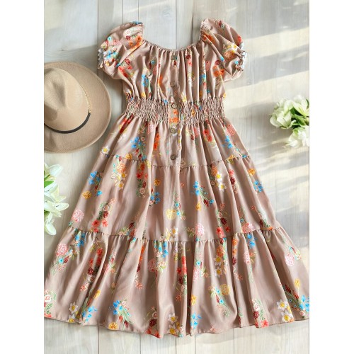 Rochie midi de vara lejera cu imprimeu floral de culoare crem