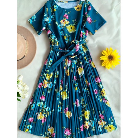 Rochia dama de zi midi cu pliuri și cordon în talie cu imprimeu floral deosebit verde turcoaz