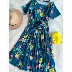 Rochia dama de zi midi cu pliuri și cordon în talie cu imprimeu floral deosebit verde turcoaz