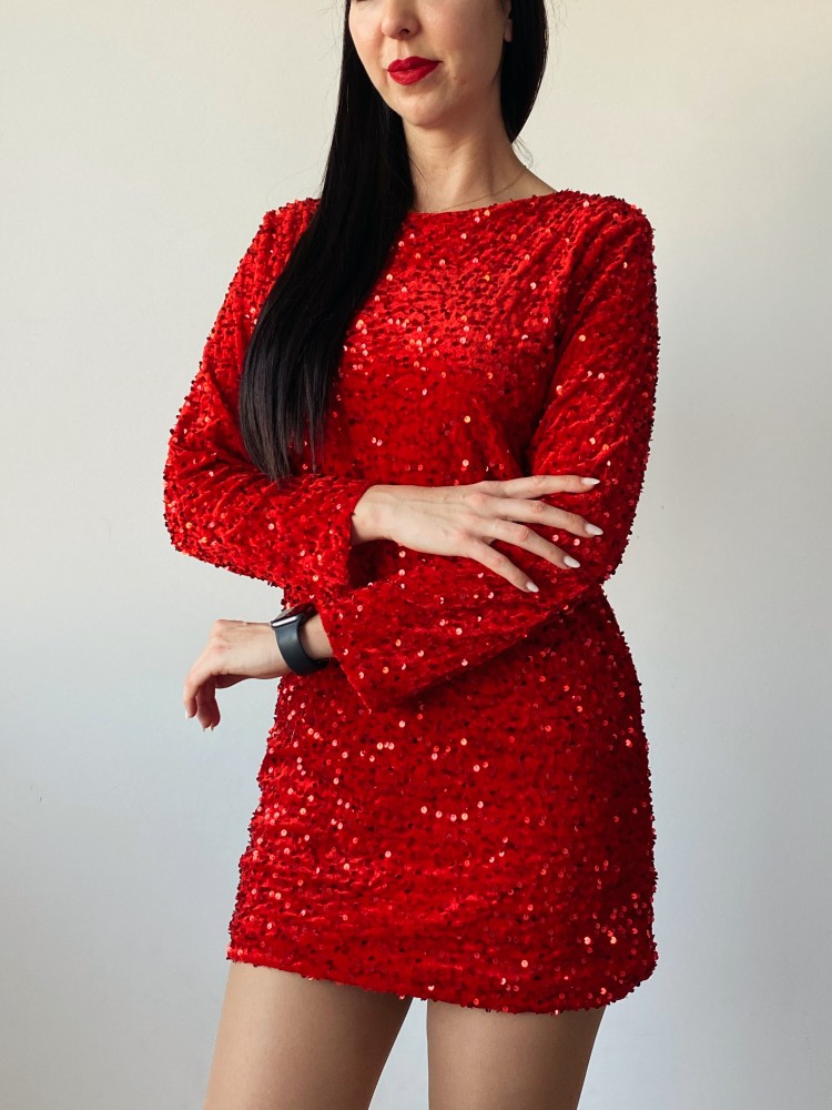 Rochie dama scurta eleganta rosie cu paiete si fundita neagra la spate