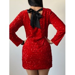 Rochie dama scurta eleganta rosie cu paiete si fundita neagra la spate