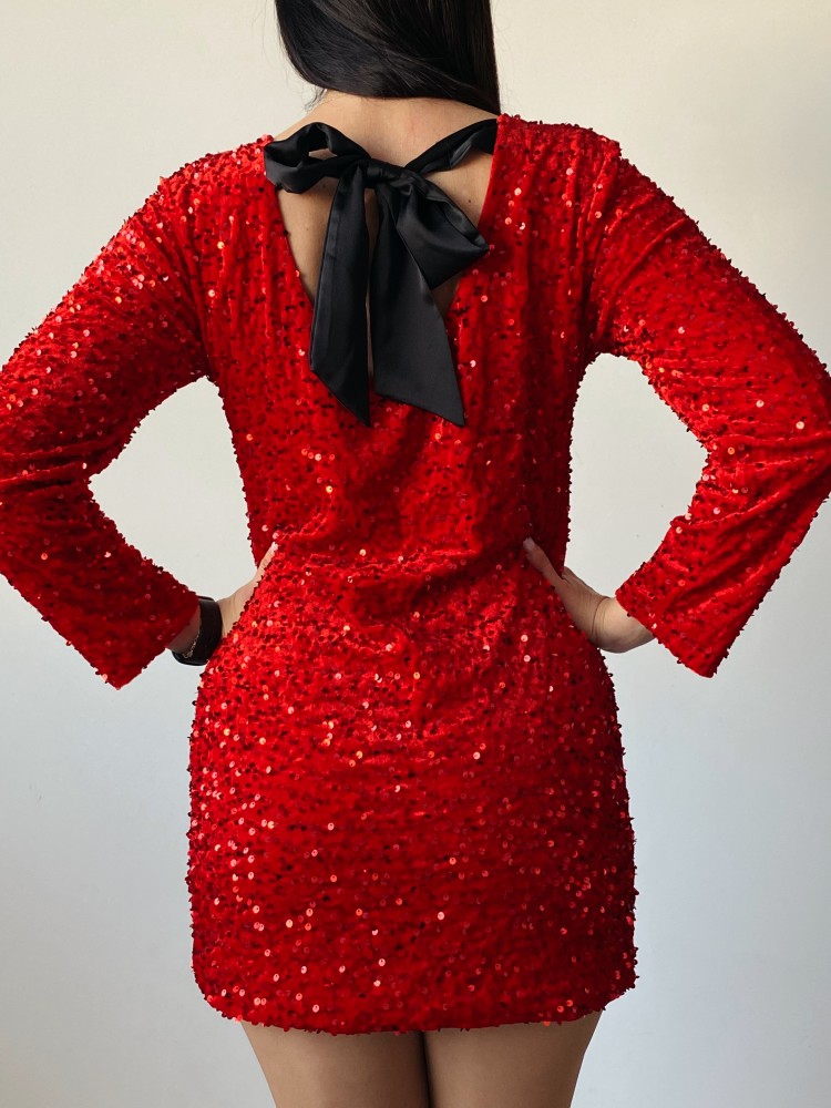 Rochie dama scurta eleganta rosie cu paiete si fundita neagra la spate