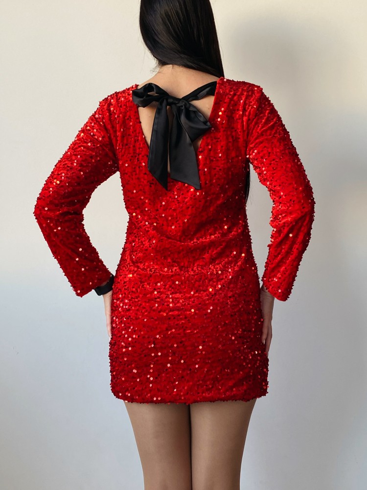 Rochie dama scurta eleganta rosie cu paiete si fundita neagra la spate