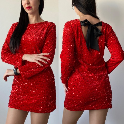 Rochie dama scurta eleganta rosie cu paiete si fundita neagra la spate