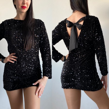 Rochie dama scurta eleganta neagra cu paiete si fundita neagra la spate