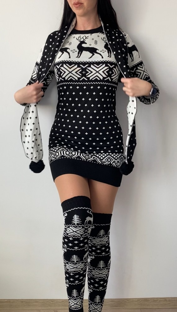 Compleu dama ieftin din tricot negru minunat compus din rochie, caciula,fular si jambiere Craciun FULAR