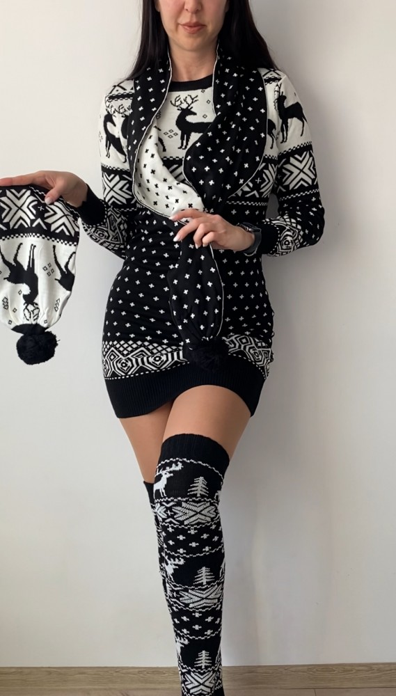 Compleu dama ieftin din tricot negru minunat compus din rochie, caciula,fular si jambiere Craciun FULAR