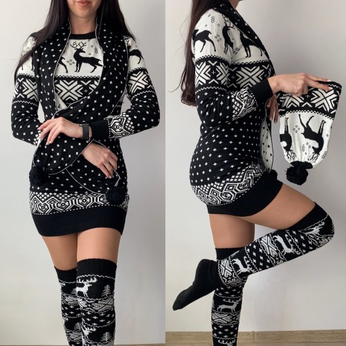 Compleu dama ieftin din tricot negru minunat compus din rochie, caciula,fular si jambiere Craciun FULAR