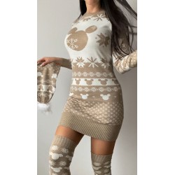 Compleu dama ieftin din tricot bej minunat compus din rochie, caciula si jambiere Mickey HEAD