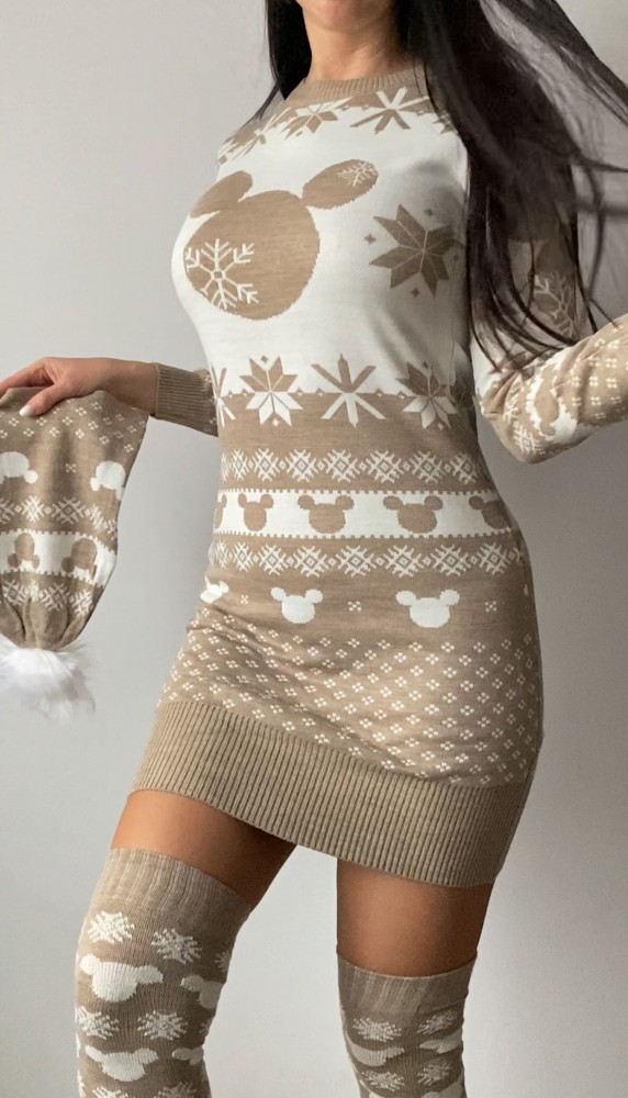 Compleu dama ieftin din tricot bej minunat compus din rochie, caciula si jambiere Mickey HEAD
