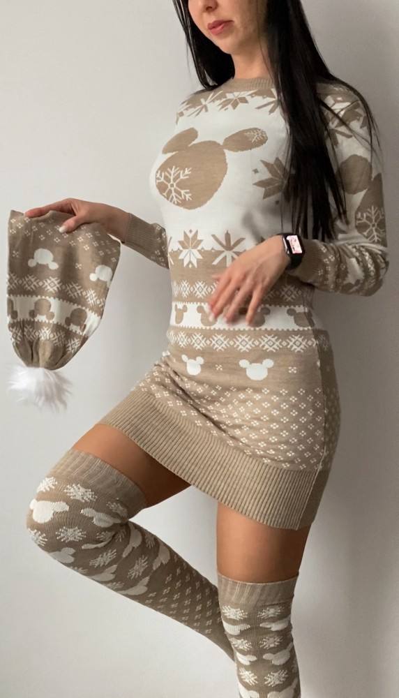 Compleu dama ieftin din tricot bej minunat compus din rochie, caciula si jambiere Mickey HEAD