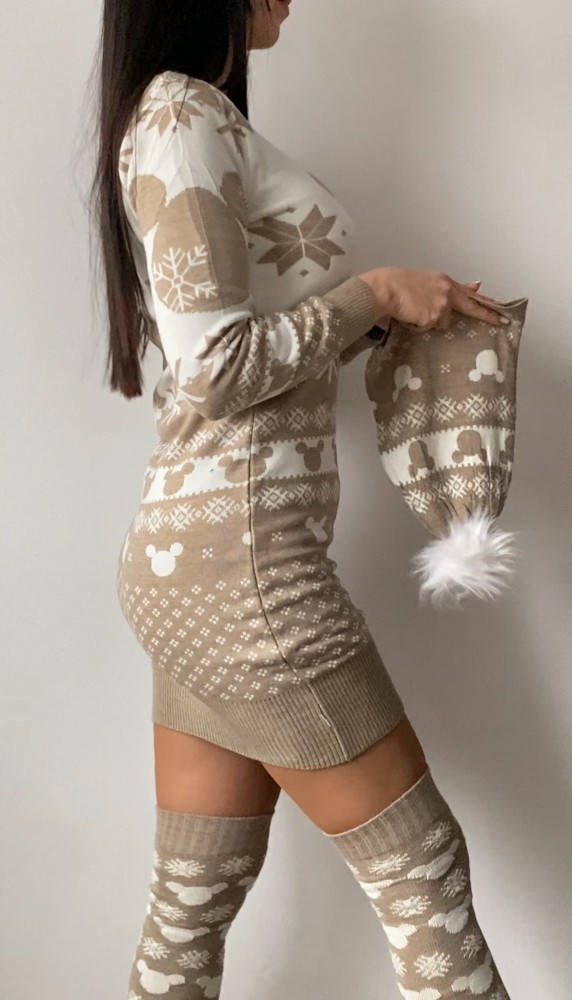 Compleu dama ieftin din tricot bej minunat compus din rochie, caciula si jambiere Mickey HEAD