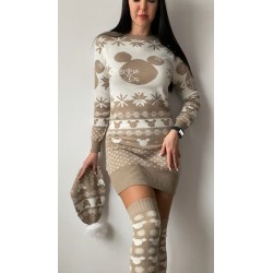 Compleu dama ieftin din tricot bej minunat compus din rochie, caciula si jambiere Mickey HEAD