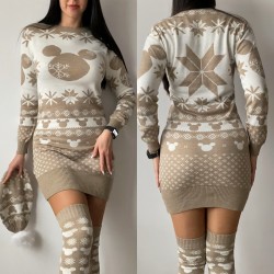 Compleu dama ieftin din tricot bej minunat compus din rochie, caciula si jambiere Mickey HEAD