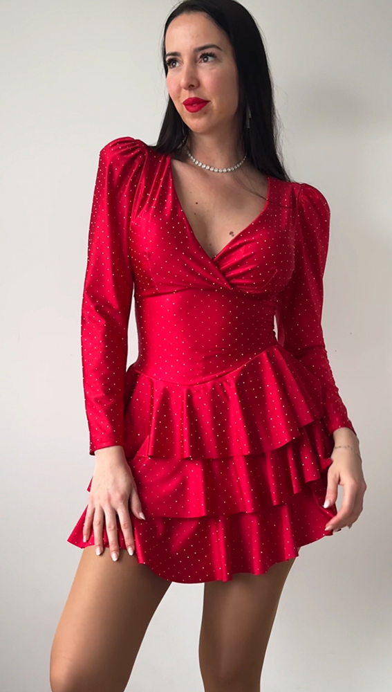 Rochie dama rosie perfecta Valentine's Day cu pliuri si pietricele stralucitoare